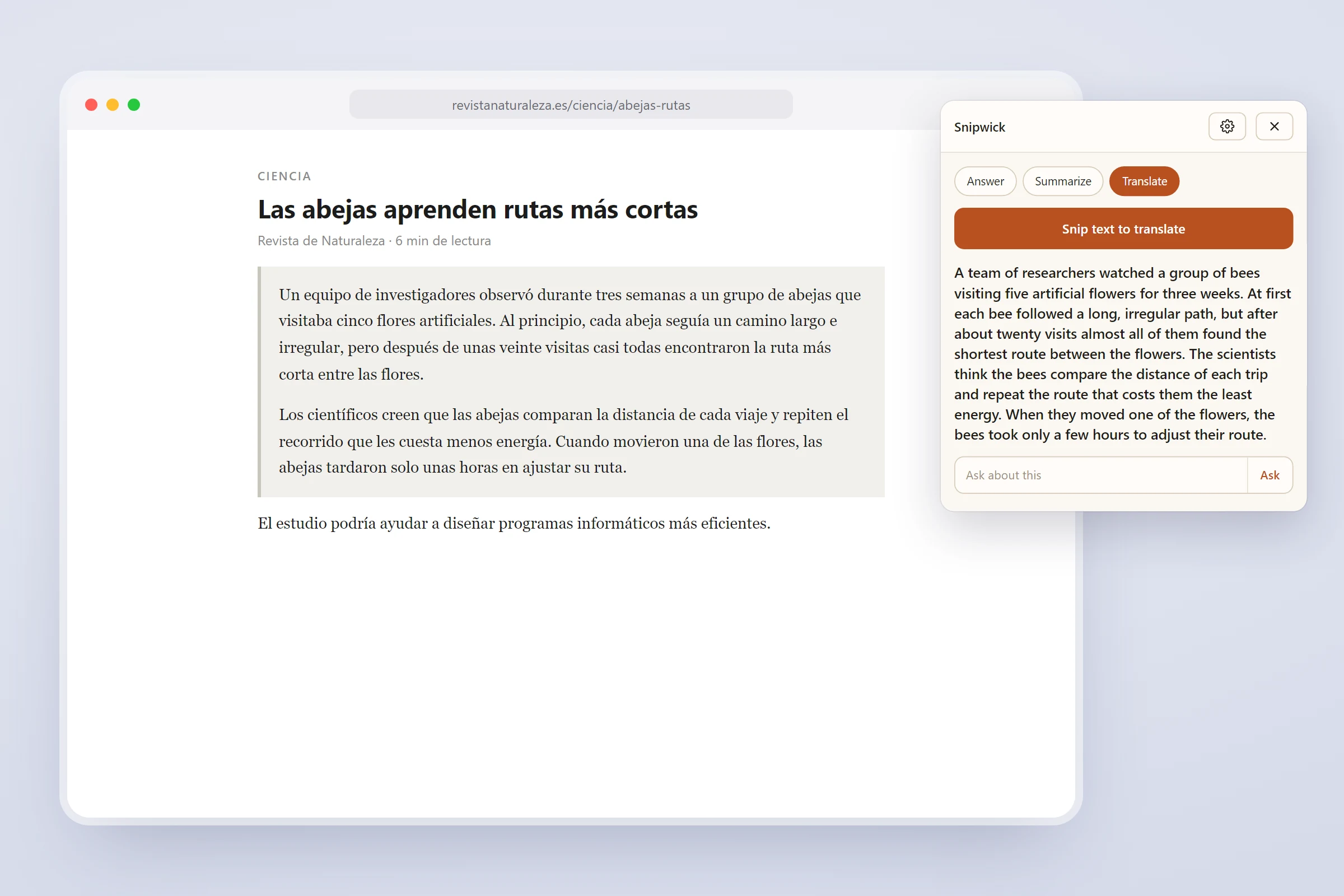 A Spanish article with Snipwick showing the full English translation.