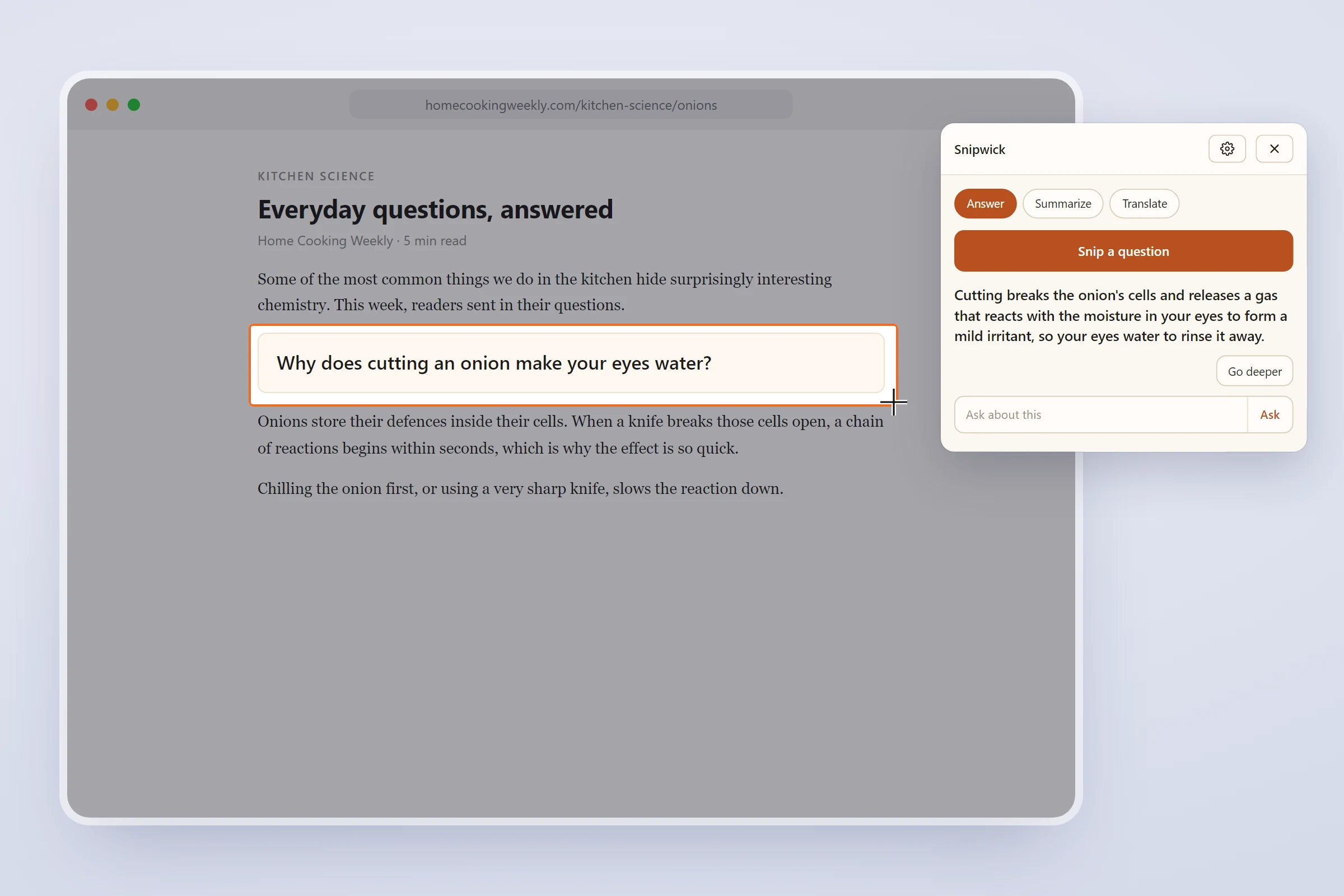 A question selected on a web page, with Snipwick showing the answer beside it.